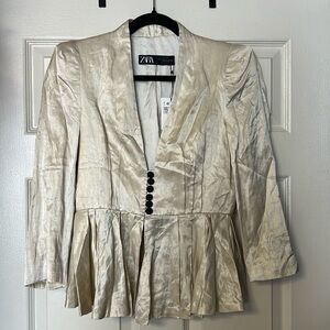 Zara Cream Satin Mid Sleeve Black Button Collarless Blazer Top